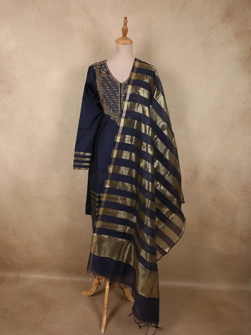 Deep Midnight Navy Blue Sequins Embroidered Design Tissue Silk Palazzo Suit With Dupatta 1