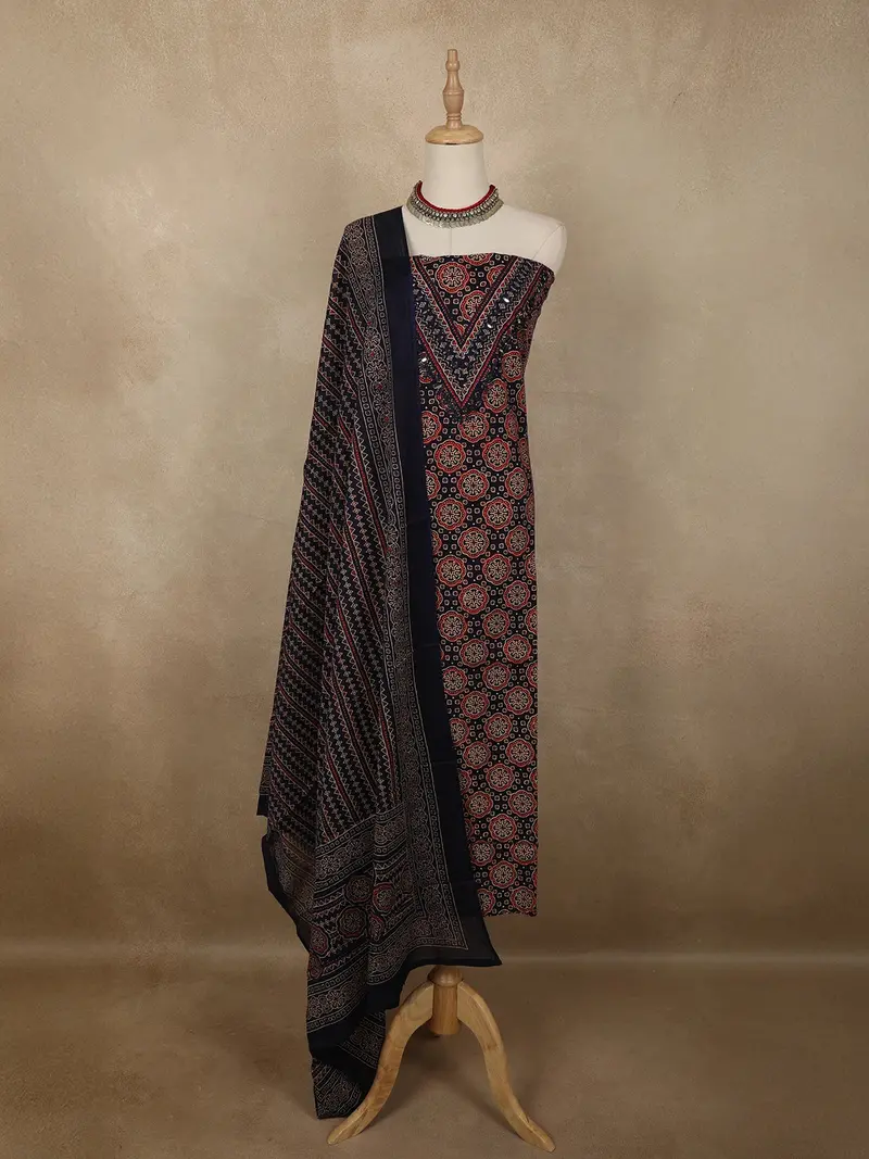 Deep Midnight Navy Blue Traditional Ajrakh Printed Design Cotton Unstitched Salwar Material 1