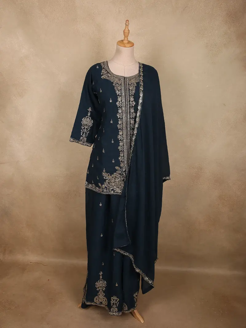 Deep Midnight Teal Blue Floral Zari Embroidered Design Georgette Palazzo Suit With Dupatta 1