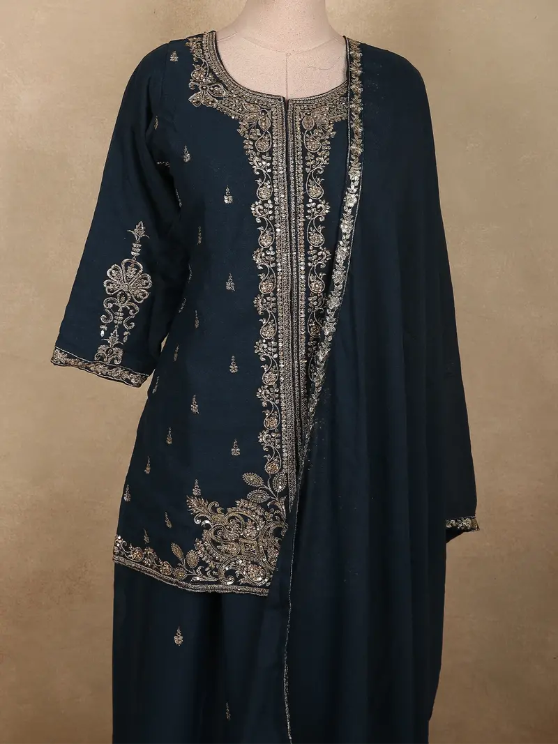 Deep Midnight Teal Blue Floral Zari Embroidered Design Georgette Palazzo Suit With Dupatta 2