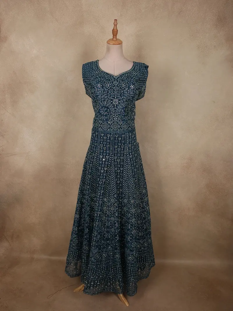 Deep Midnight Teal Blue Heavy Sequins And Stone Embellished Design Net Party Wear Gown 1