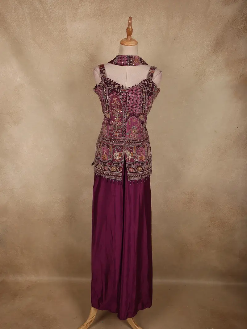 Deep Mulberry Wine Purple Floral And Animal Motif Zari Embroidered Design Satin Palazzo Suit With Choker Dupatta 1