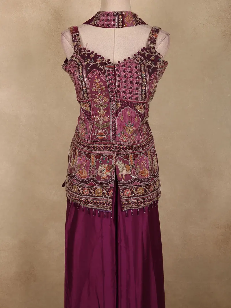 Deep Mulberry Wine Purple Floral And Animal Motif Zari Embroidered Design Satin Palazzo Suit With Choker Dupatta 2