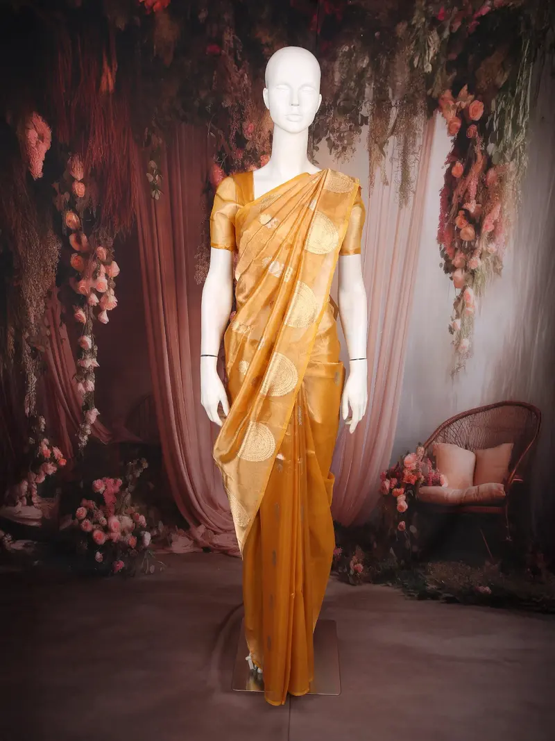 Deep Mustard Gold Floral Butta Woven Design Tissue Saree With Gold Zari Border 1