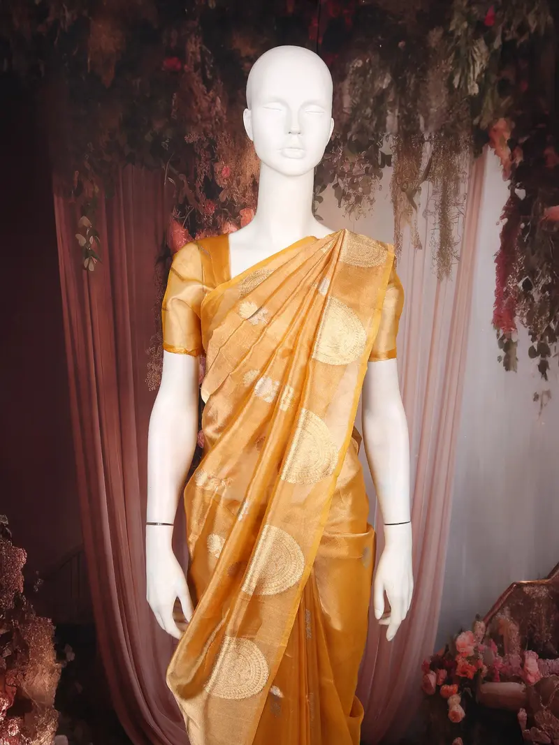 Deep Mustard Gold Floral Butta Woven Design Tissue Saree With Gold Zari Border 2