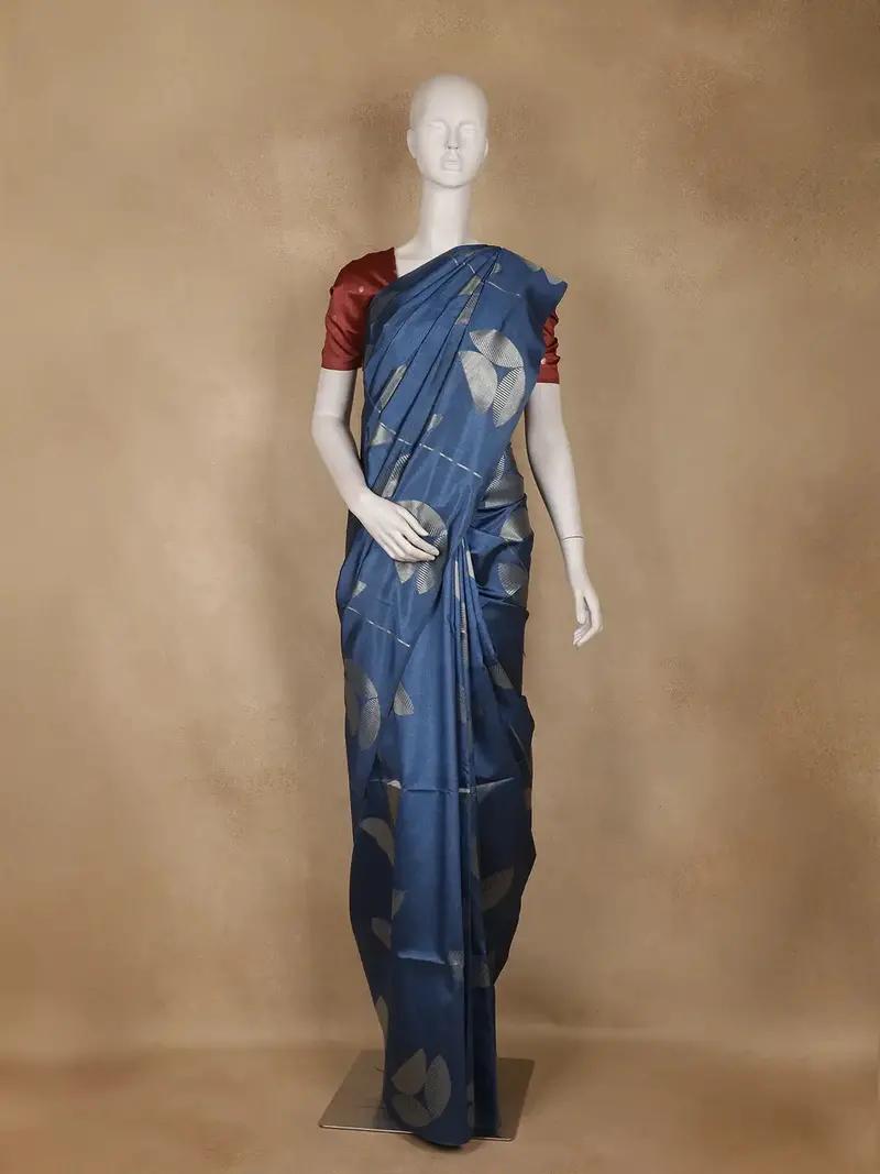 Deep Navy Blue Abstract Designed Semi Tussar Saree 1