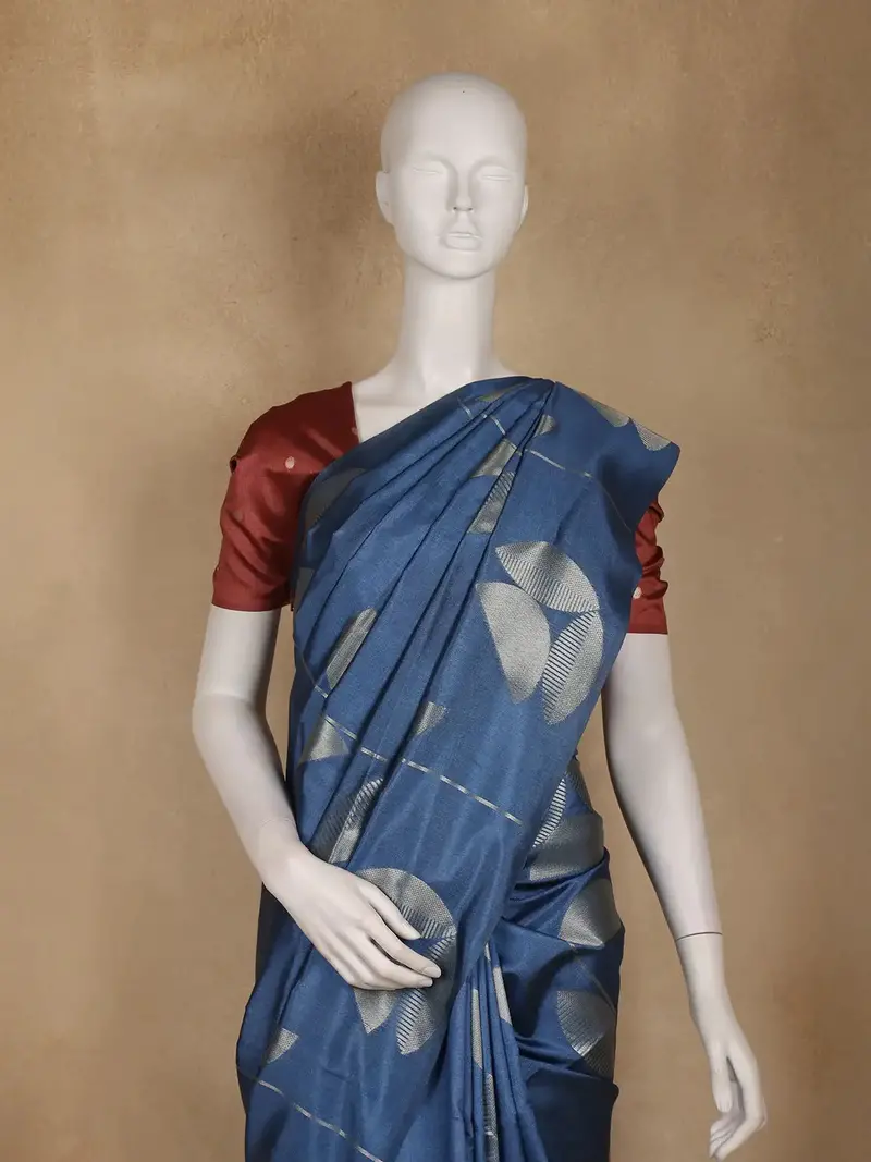 Deep Navy Blue Abstract Designed Semi Tussar Saree 2