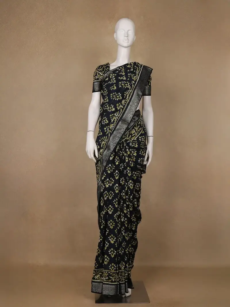 Deep Navy Blue Abstract Printed Cotton Saree 1