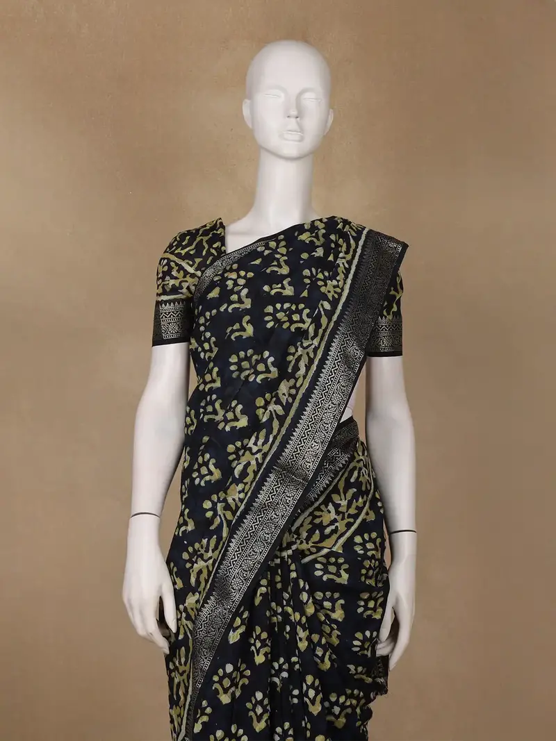Deep Navy Blue Abstract Printed Cotton Saree 2