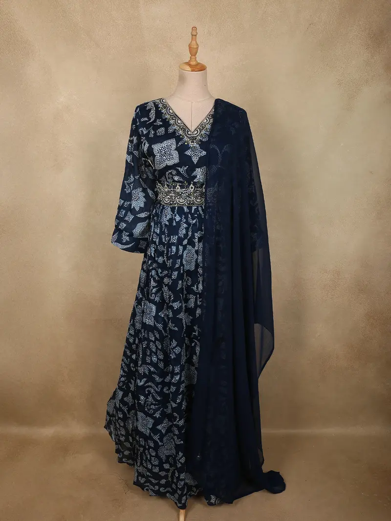 Deep Navy Blue Abstract Printed Design Georgette Anarkali Gown With Dupatta 1