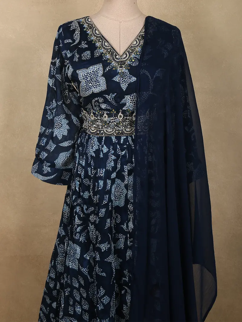 Deep Navy Blue Abstract Printed Design Georgette Anarkali Gown With Dupatta 2