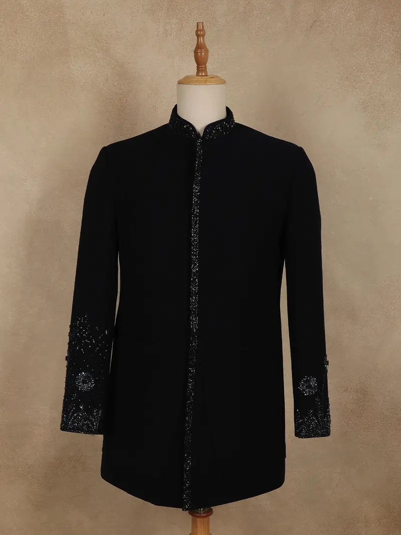 Deep Navy Blue Beads Embroidered Design Polynosic Sherwani Suit 1