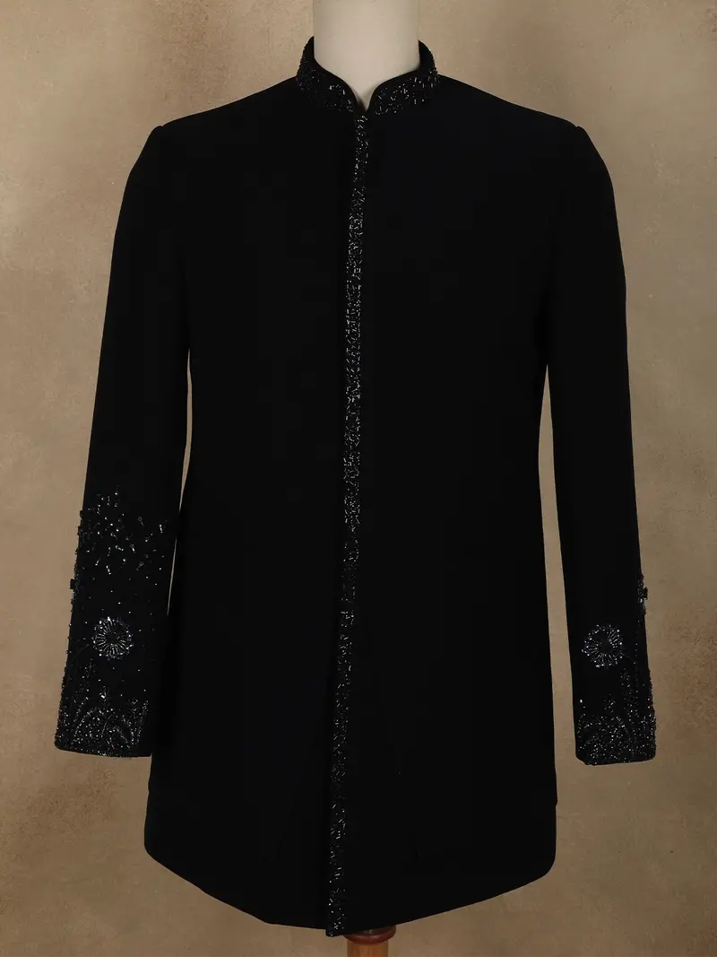 Deep Navy Blue Beads Embroidered Design Polynosic Sherwani Suit 2