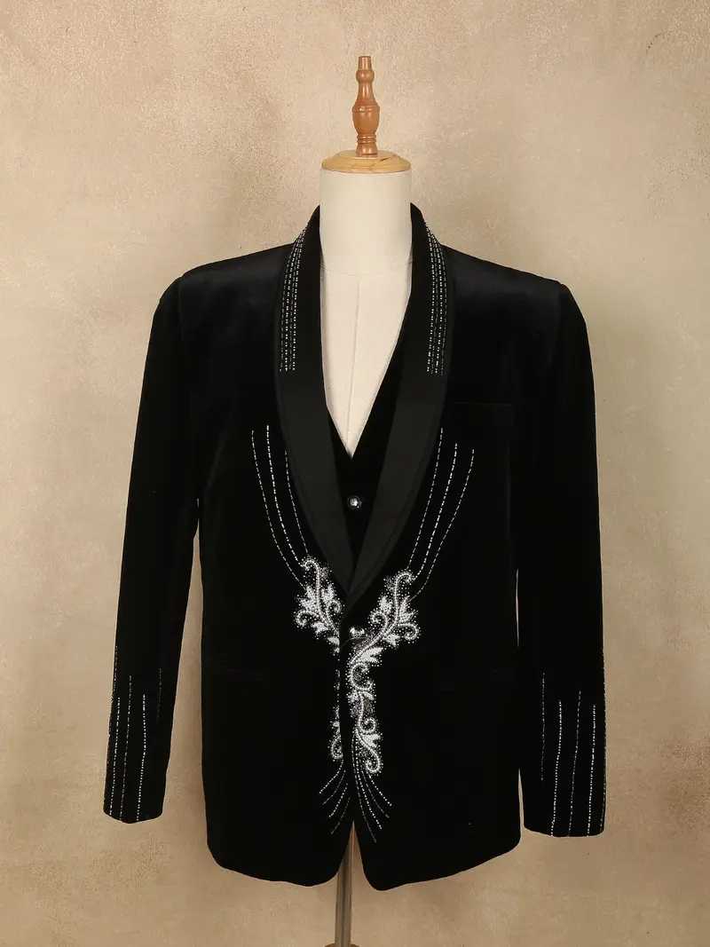 Deep Navy Blue Beads Embroidered Design Velvet Men's Suit 1