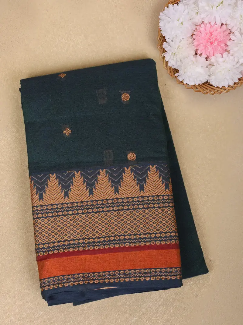 Deep Navy Blue Butta Design Cotton Saree With Contrast Border 1