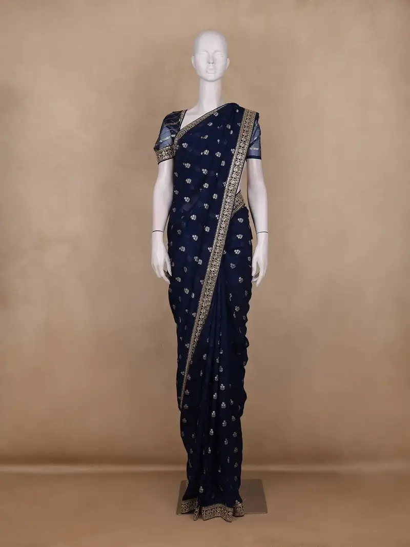 Deep Navy Blue Butta Design Organza Saree 1