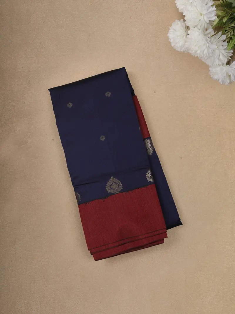 Deep Navy Blue Butta Design Semi Silk Fancy Saree With Contrast Border 1