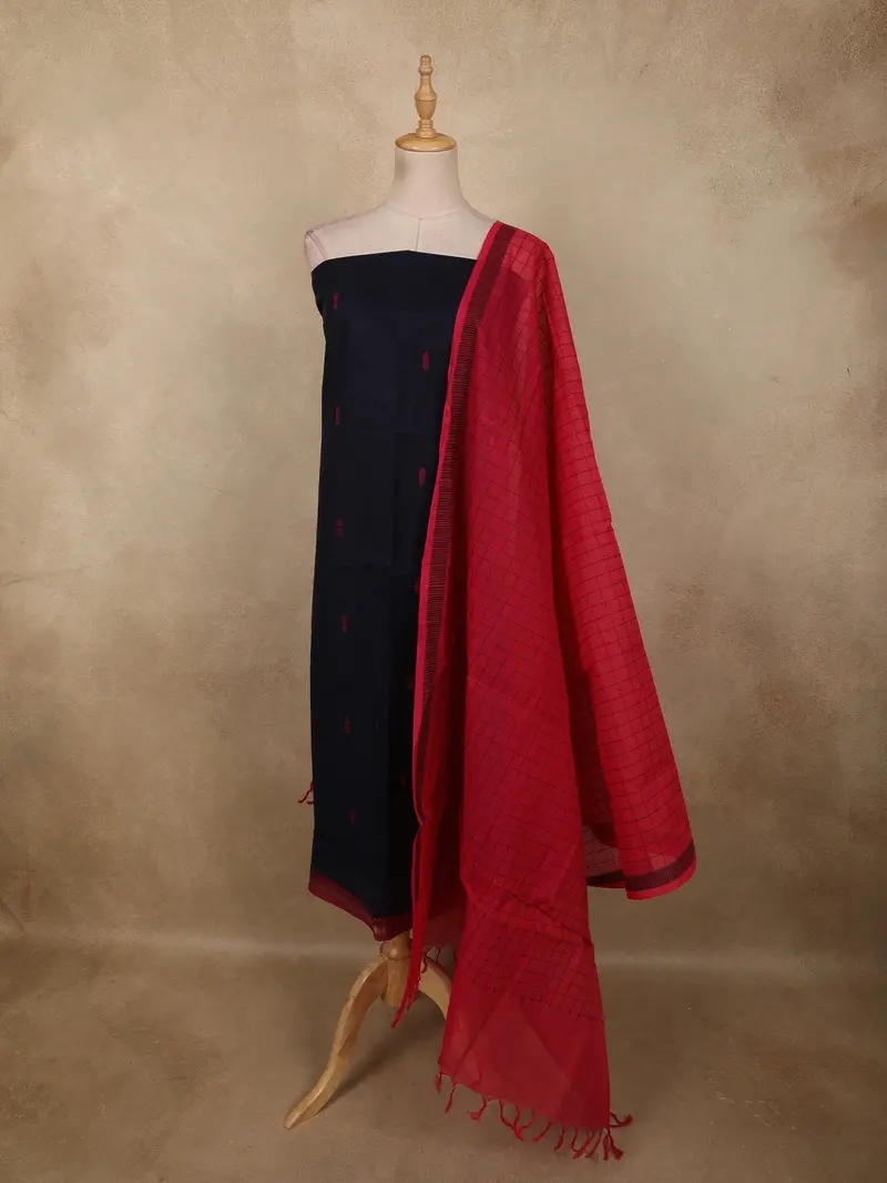 Deep Navy Blue Butta Woven Design Pure Cotton Unstitched Salwar Material With Contrast Dupatta 1