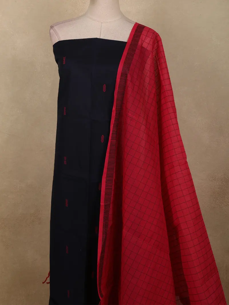 Deep Navy Blue Butta Woven Design Pure Cotton Unstitched Salwar Material With Contrast Dupatta 2