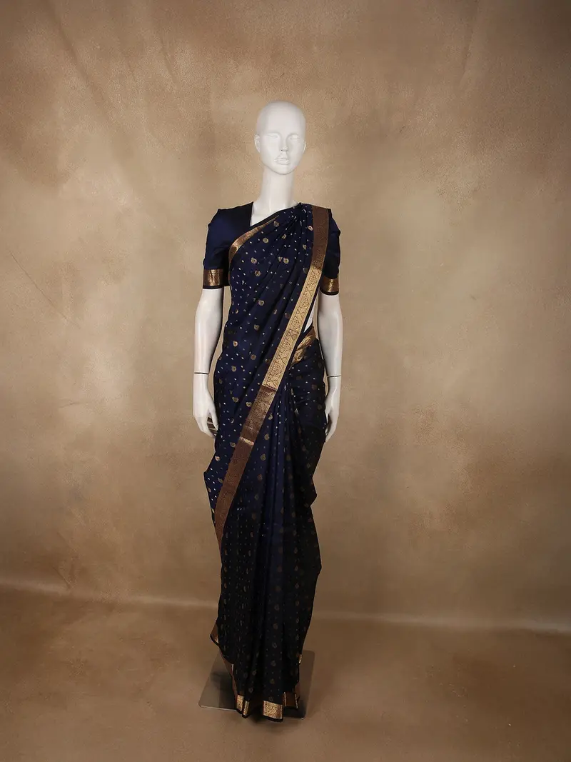 Deep Navy Blue Butta Zari Woven Design Kanchipuram Silk Saree With Zari Border 1