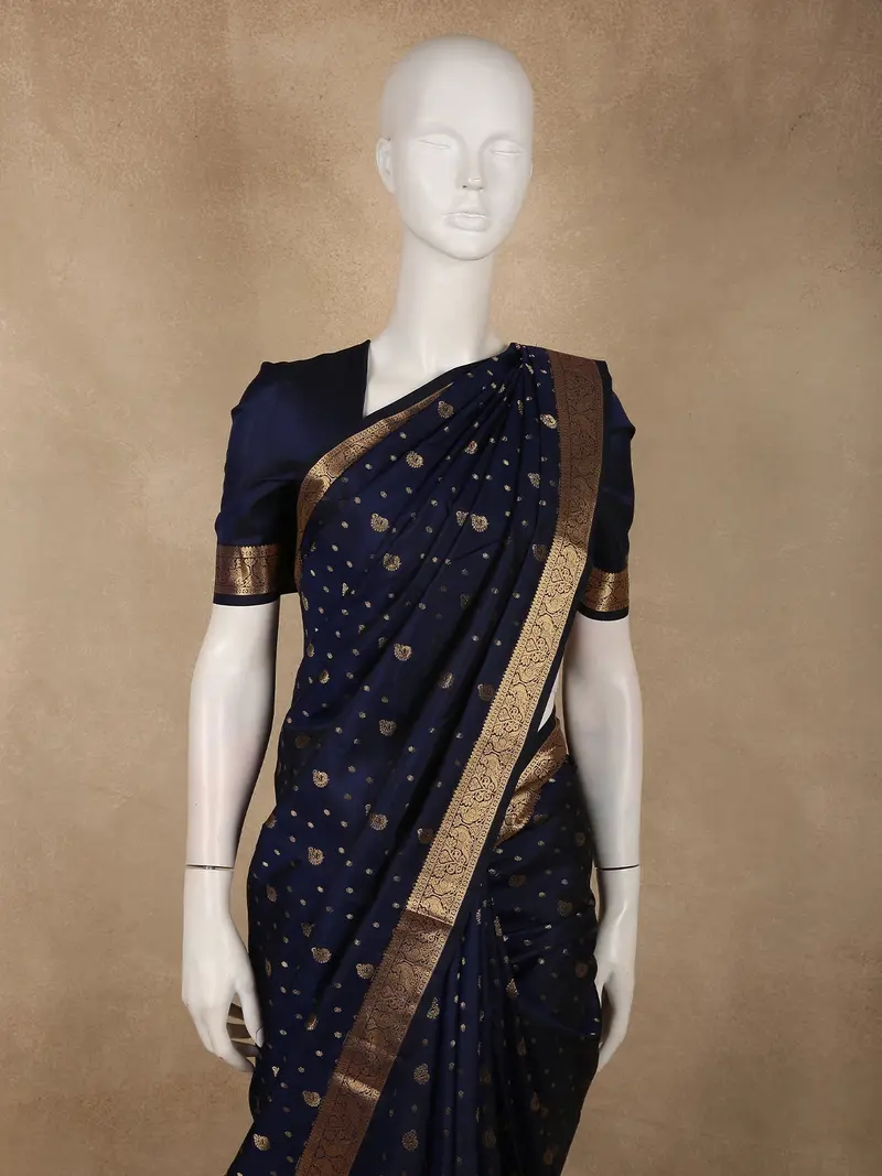 Deep Navy Blue Butta Zari Woven Design Kanchipuram Silk Saree With Zari Border 2