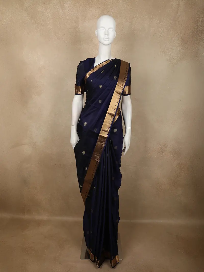 Deep Navy Blue Butta Zari Woven Design Pure Kanchipuram Silk Saree With Zari Border 1