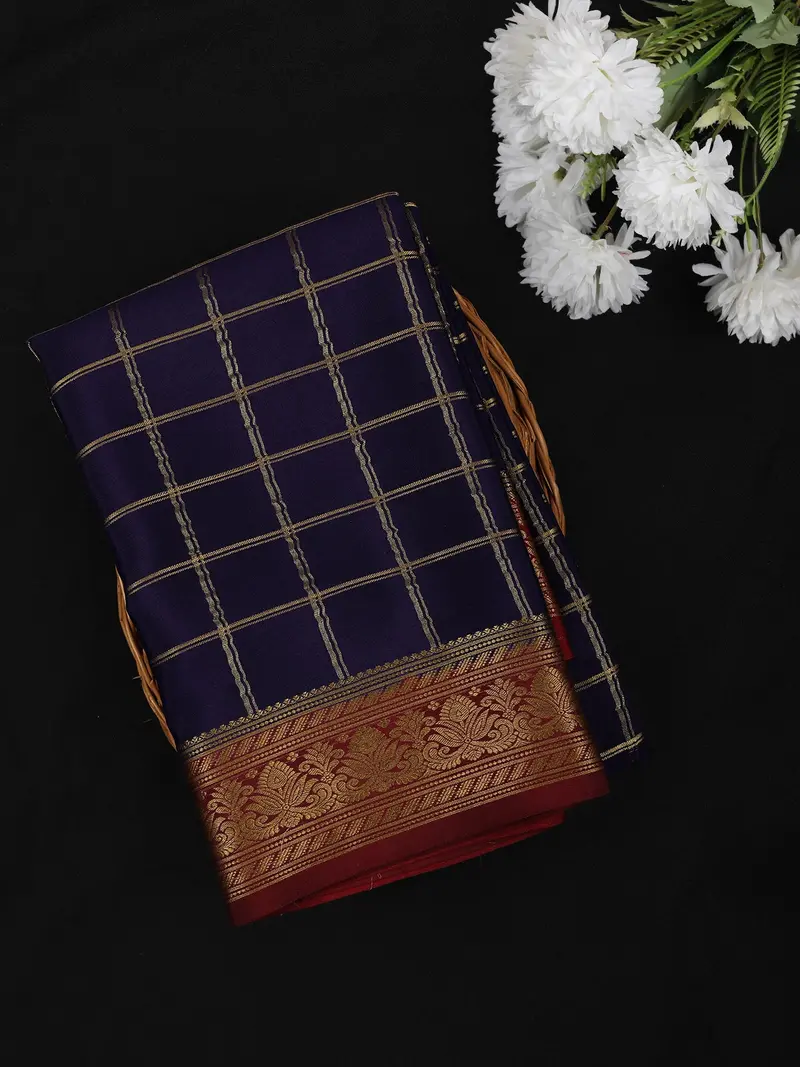 Deep Navy Blue Checked Woven Design Mysore Silk Designer Saree With Contrast Zari Border 1