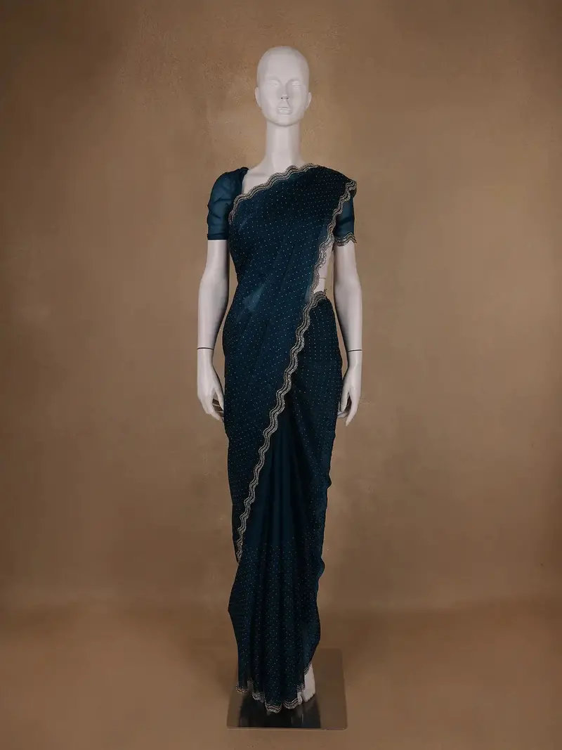 Deep Navy Blue Dotted Sequin Work Organza Saree 1