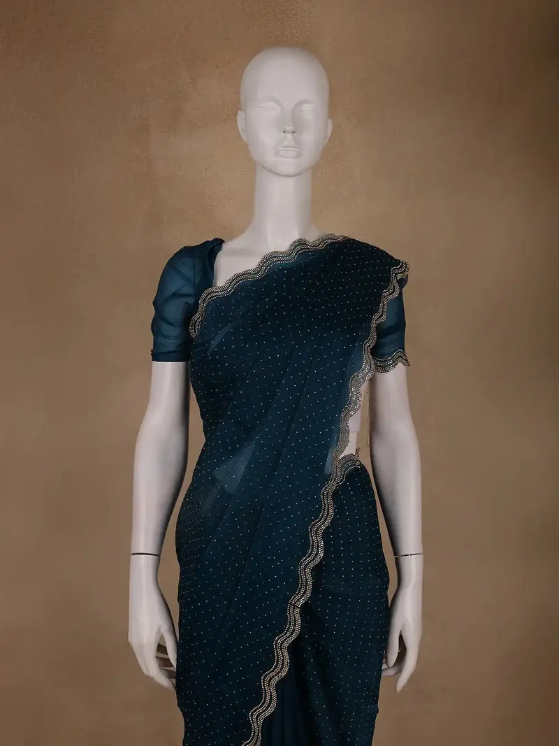 Deep Navy Blue Dotted Sequin Work Organza Saree 2