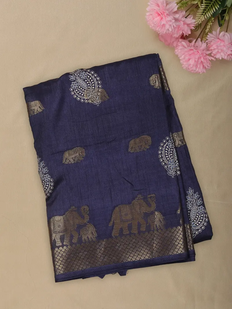 Deep Navy Blue Elephant Motif Zari Woven Design Mixed Cotton Saree 1