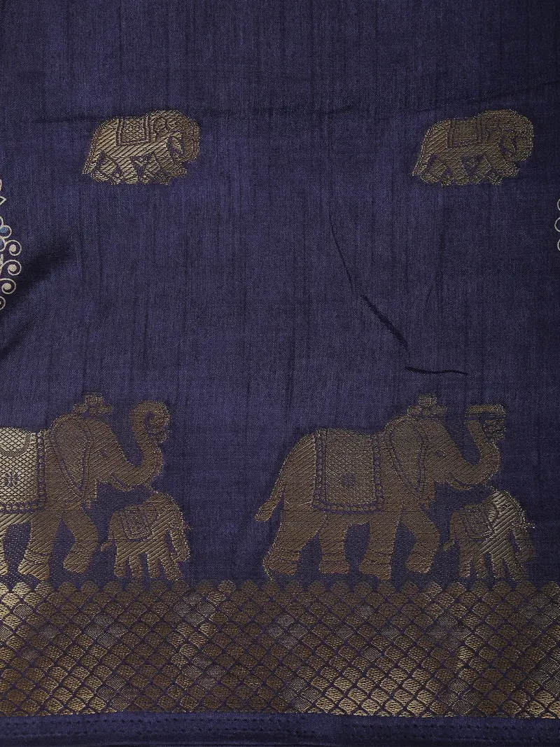 Deep Navy Blue Elephant Motif Zari Woven Design Mixed Cotton Saree 2