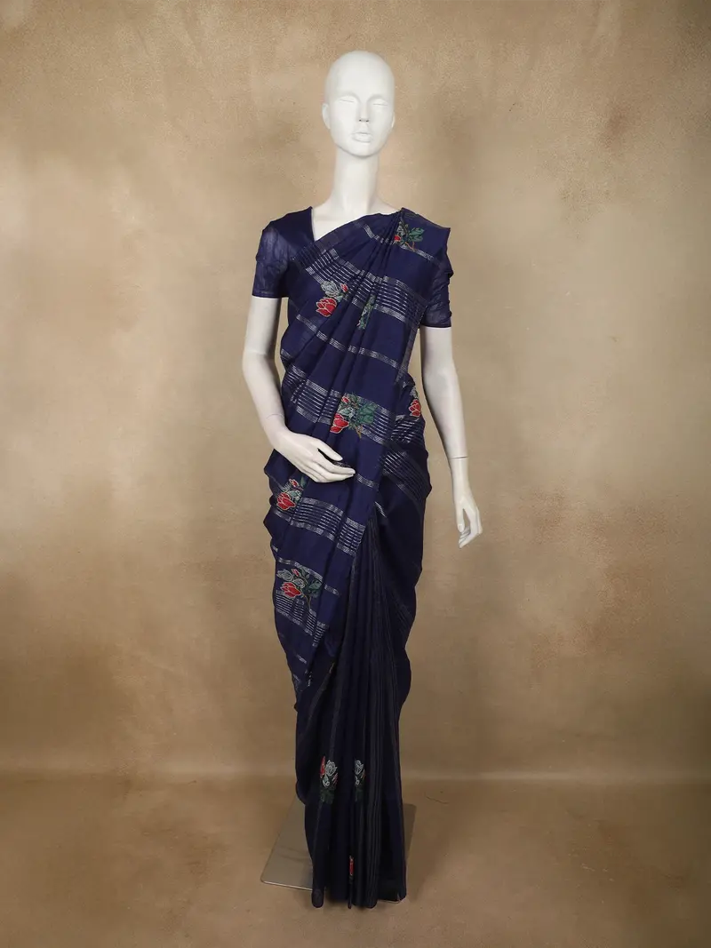 Deep Navy Blue Floral And Striped Zari Woven Design Tussar Saree 1
