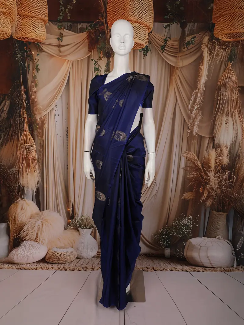 Deep Navy Blue Floral Butta Design Soft Silk Fancy Wear Saree With Self Border 1
