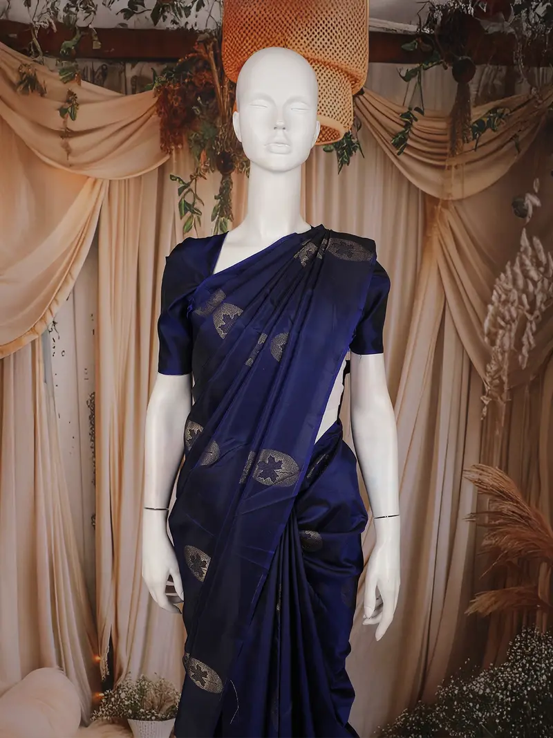 Deep Navy Blue Floral Butta Design Soft Silk Fancy Wear Saree With Self Border 2