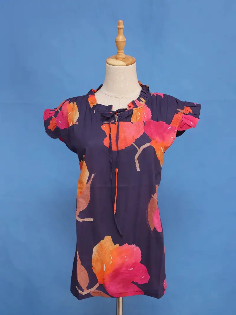 Deep Navy Blue Floral Design Cotton Kurti Top 1