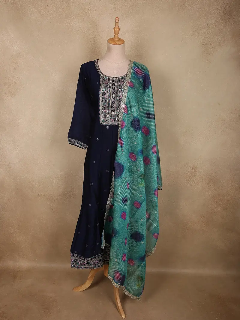 Deep Navy Blue Floral Embroidered Design Silk Anarkali Salwar Suit With Contrast Dupatta 1