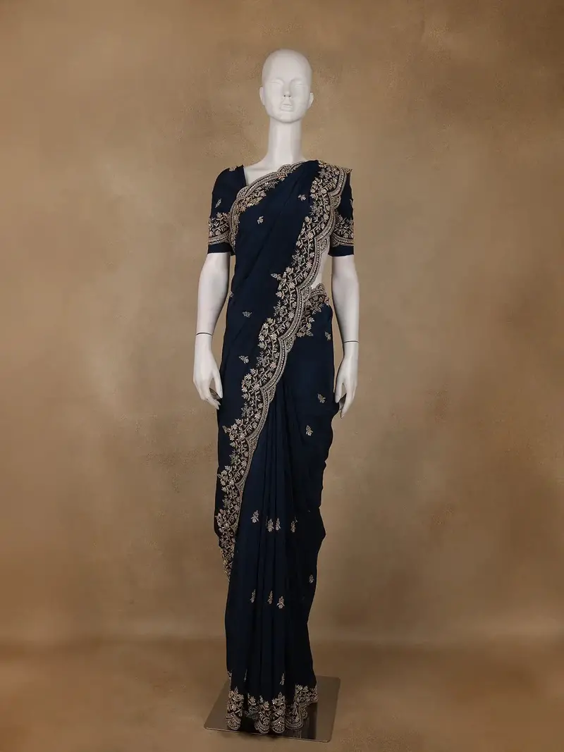 Deep Navy Blue Floral Embroidered Sequence Design Satin Saree 1