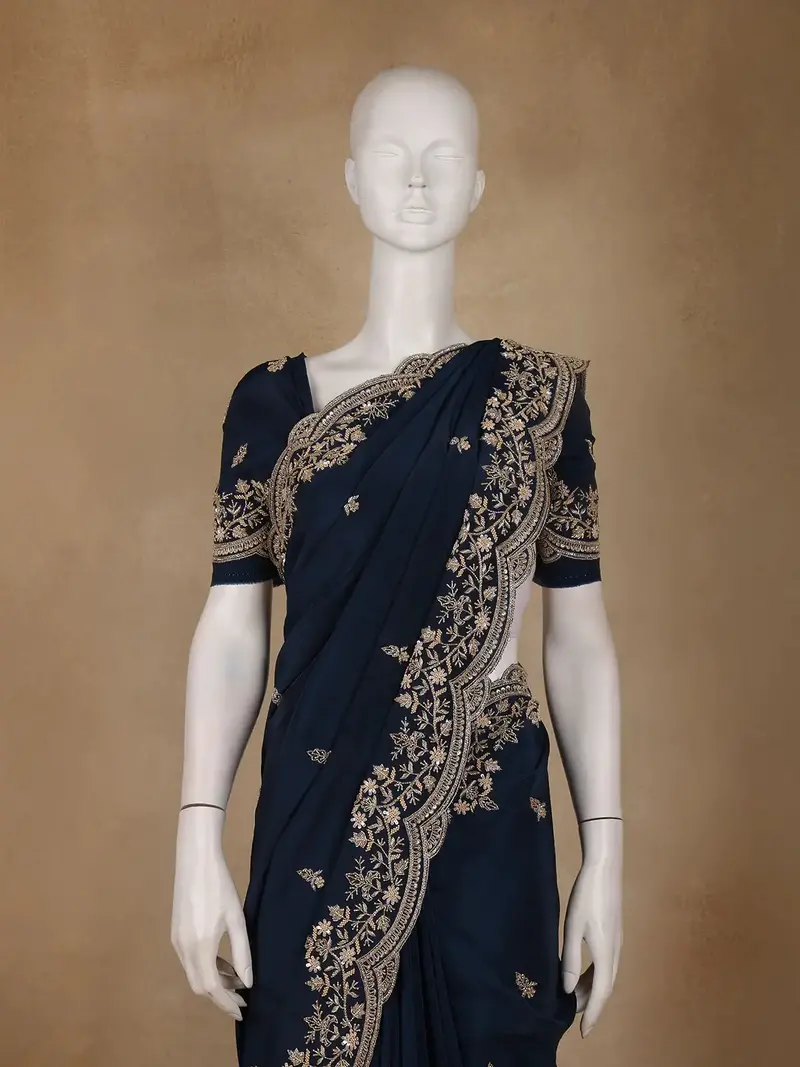 Deep Navy Blue Floral Embroidered Sequence Design Satin Saree 2