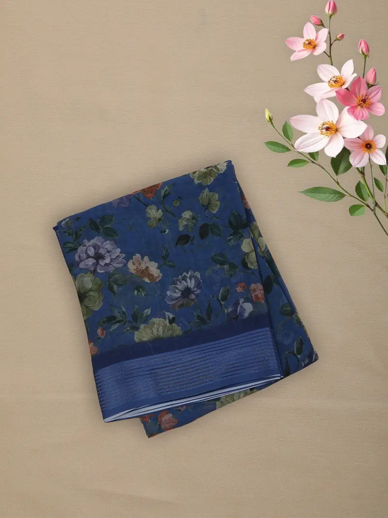 Deep Navy Blue Floral Printed Chiffon Saree With Self Woven Border 1