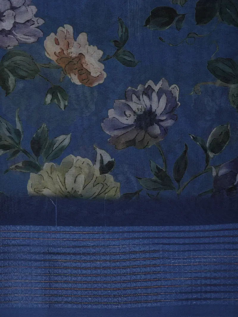 Deep Navy Blue Floral Printed Chiffon Saree With Self Woven Border 2