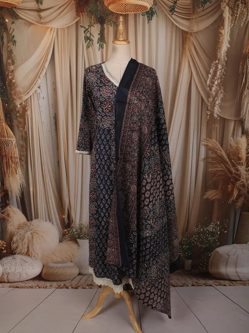 Deep Navy Blue Floral Printed Design Cotton Anarkali Salwar Suit With Dupatta 1