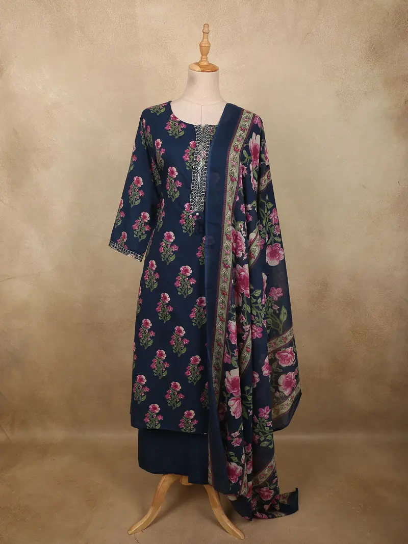 Deep Navy Blue Floral Printed Design Cotton Salwar Suit With Dupatta 1