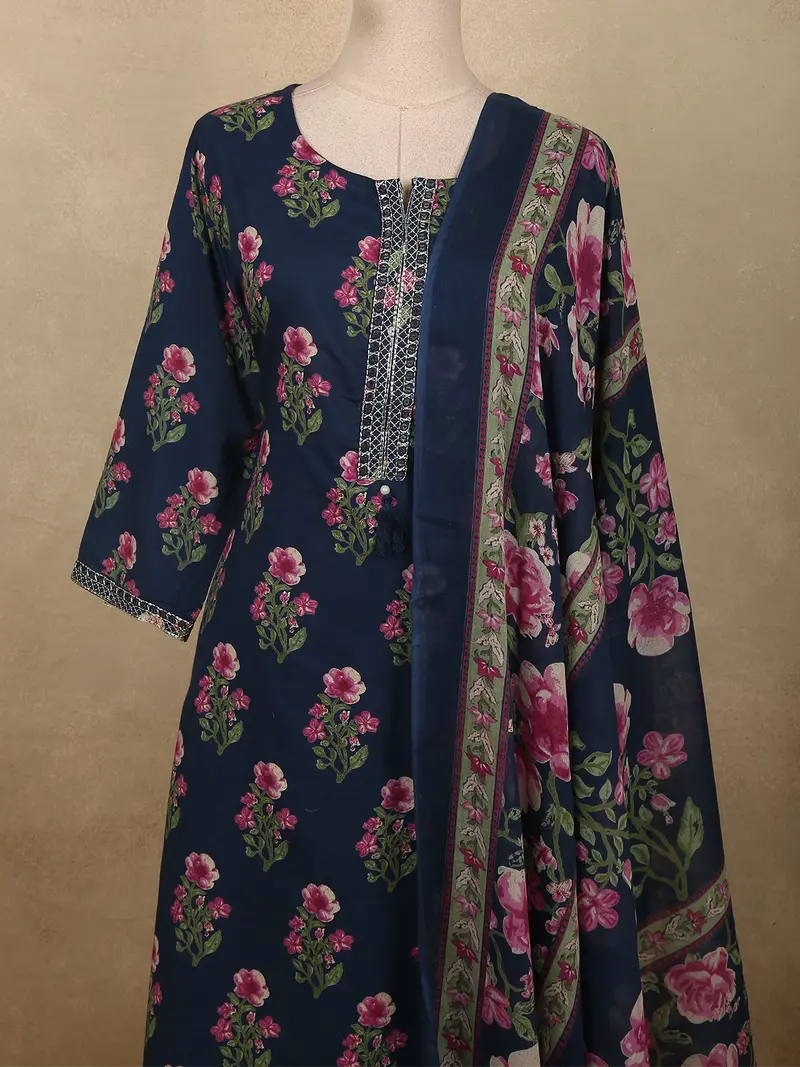 Deep Navy Blue Floral Printed Design Cotton Salwar Suit With Dupatta 2