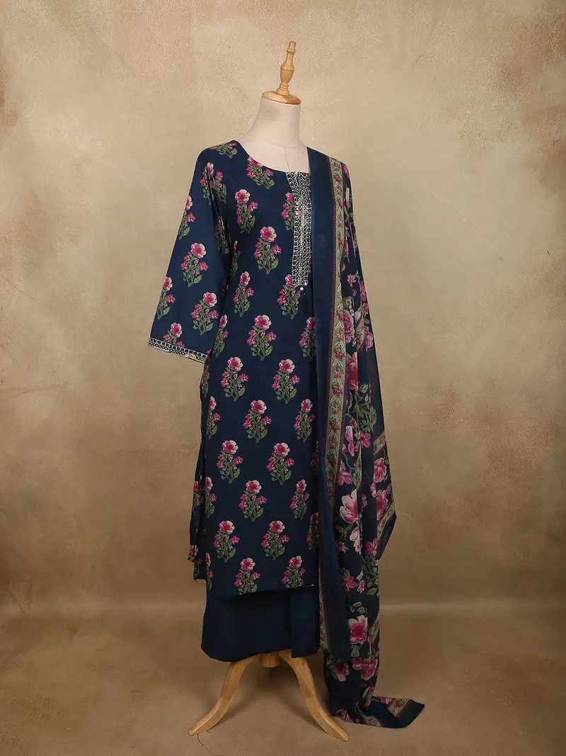 Deep Navy Blue Floral Printed Design Cotton Salwar Suit With Dupatta 4