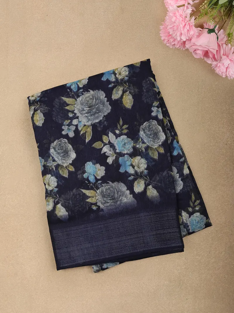 Deep Navy Blue Floral Printed Design Linen Cotton Saree 1