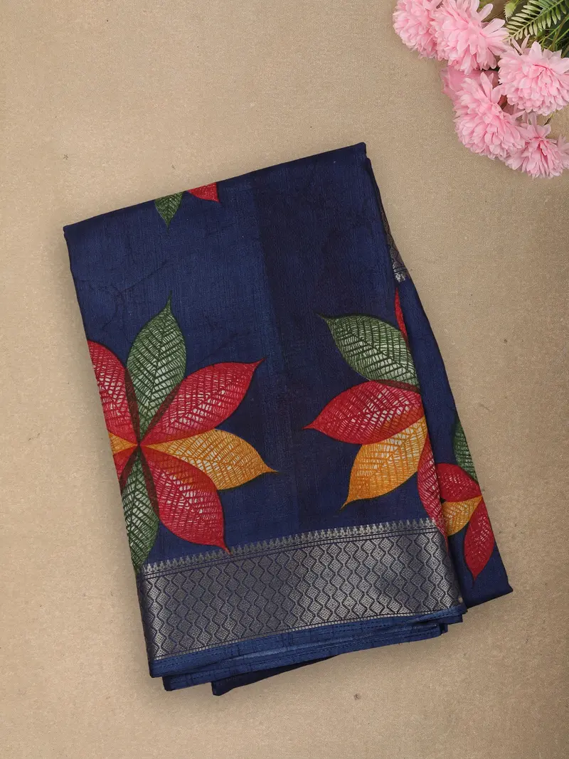 Deep Navy Blue Floral Printed Design Linen Cotton Saree With Zari Border 1