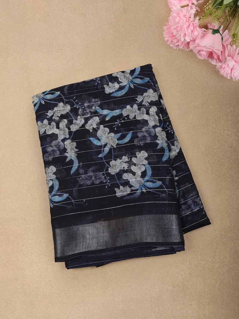 Deep Navy Blue Floral Printed Design Linen Cotton Saree With Zari Border 1
