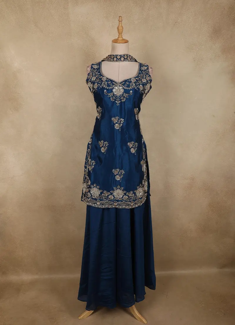 Deep Navy Blue Floral Sequins And Beads Embroidered Design Georgette Palazzo Suit 1