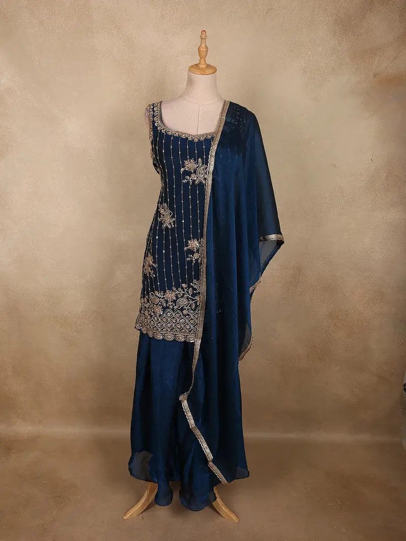 Deep Navy Blue Floral Sequins And Beads Embroidered Design Georgette Palazzo Suit With Dupatta 1