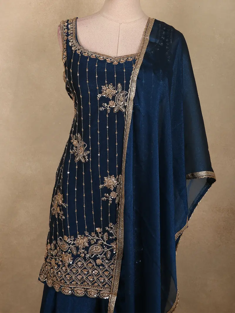 Deep Navy Blue Floral Sequins And Beads Embroidered Design Georgette Palazzo Suit With Dupatta 2